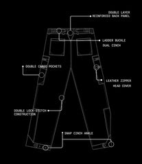 A black-and-white technical line drawing of a pair of trousers with labeled callouts pointing to features such as double cargo pockets, ladder buckle, leather zipper head cover, double lock-stitch construction, and snap cinch ankle.