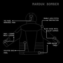 A black technical-style diagram labeled 'MARDUK BOMBER' showing the back view of a hooded jacket with white line drawings and callouts pointing to features such as the tri-panel removable hood, double lock-stitch construction, snap + zipper wrist closure, sculpted back panel, and cobra buckle cinch.